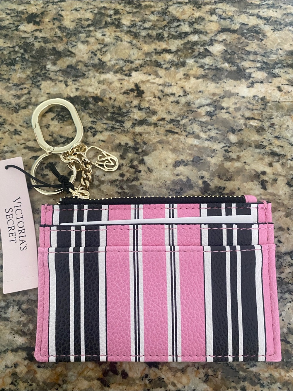 Victoria's Secret Pink, Black & White Striped Cardholder w bag clip Keychain NWT - Picture 2 of 6